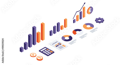 An isometric set of financial charts and bar graphs with pie charts and a calculator and coins on a plain white background for business data analysis.