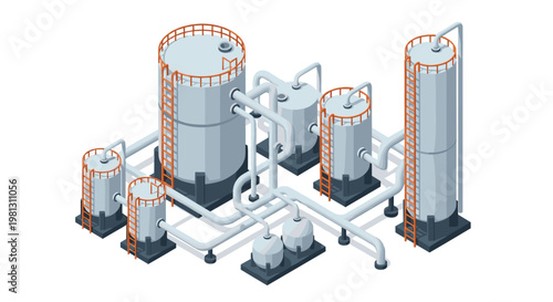 An isometric industrial refinery setup featuring tall cylindrical towers with orange railings and complex white piping on a clean gray platform surface.