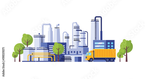 A flat vector illustration of a chemical processing plant featuring tall storage tanks and pipelines with a yellow delivery truck parked in the scenery.