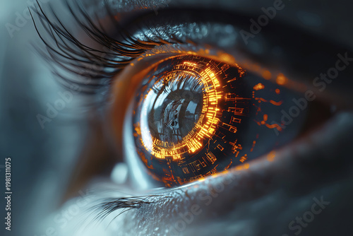 Detailed close-up of a cybernetic human eye with a glowing orange technological iris and HUD interface overlay on a dark, cool-toned background