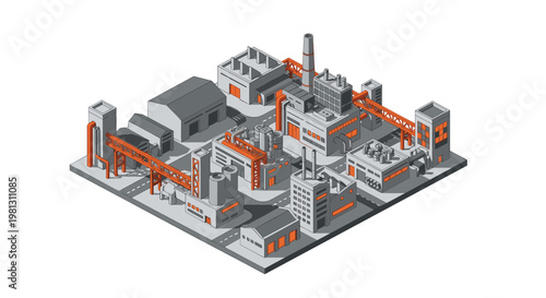 An intricate isometric industrial complex featuring gray buildings with orange piping and elevated walkways on a flat gray base for manufacturing themes.