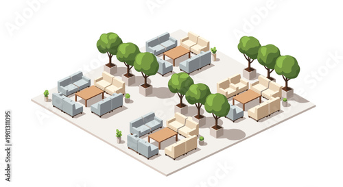 An organized isometric lounge area featuring plush beige and blue sofas arranged around wooden coffee tables with lush green potted trees on white.