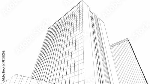 Line art rendering of a modern skyscraper viewed from a low angle