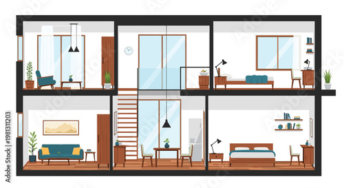 Cross-section view of a two-story house reveals multiple rooms including a living area and kitchen alongside bedrooms furnished in a modern style.