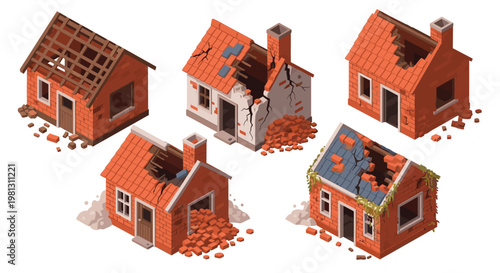 Five isometric brick houses display various stages of structural destruction with caved-in roofs and cracked walls amidst piles of scattered red rubble.