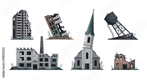 Set of six ruined structures displays a collapsed skyscraper and leaning church steeple alongside a damaged industrial factory in a post-apocalyptic scene.