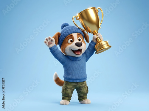 Cute puppy celebrating victory holding trophy on blue background