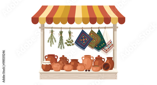 Traditional market stall displays hanging dried herb bundles and intricate woven rugs alongside rustic earthen clay pottery on a wooden sales counter.