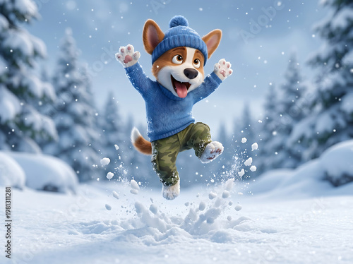 Cute puppy jumping in snow during winter in snowy forest