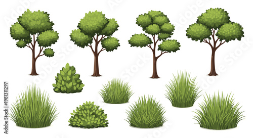 Assorted group of four lush deciduous trees and five various green bushes and grass patches arranged neatly on a clean white background for design.