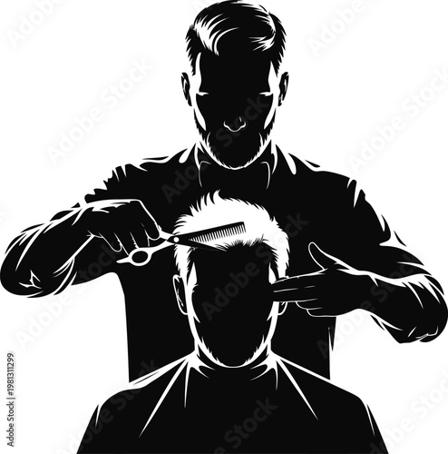 Professional barber silhouette cutting customer hair with scissors in barbershop
