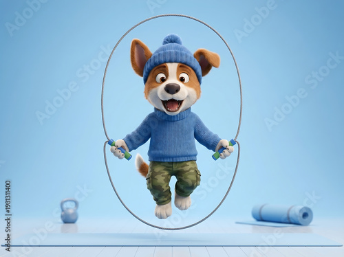 Cute puppy jumping rope for fitness at home on blue background