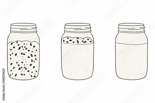 Three glass jars showing varying levels of chia seed pudding