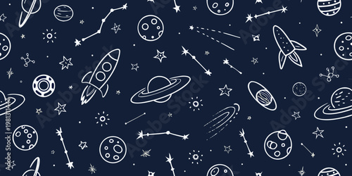 Whimsical space pattern with rockets planets stars and shooting stars