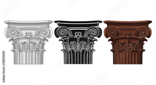 Three variations of a corinthian order capital shown in grayscale black and brown tones
