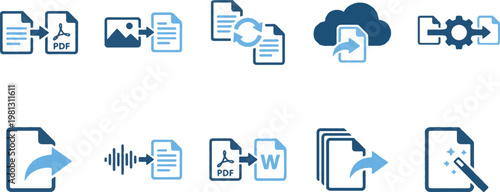 A series of icons depicting file conversion and management processes