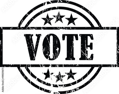 Black grunge rubber stamp with the word vote and six stars in circular frame