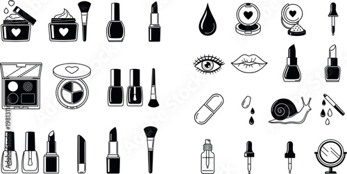 Cosmetic and Beauty Icon Set Featuring Lipsticks, Nail Polish, Skincare, Makeup Brushes, and Beauty Tools for Fashion and Grooming Designs