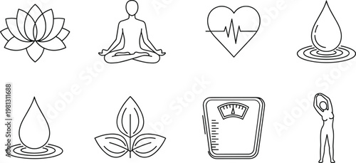 Wellness and yoga icons vector set with meditation heart health water drop and fitness symbols outline illustration