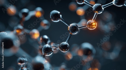 Molecules interact in a dark space with glowing elements highlighting their structure