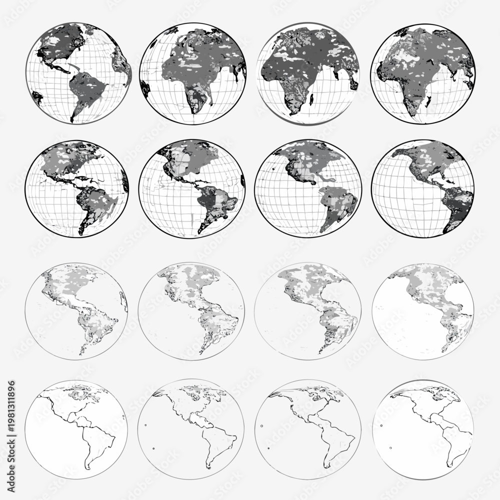 Obraz premium Multiple grayscale images of earth s continents within circular frames
