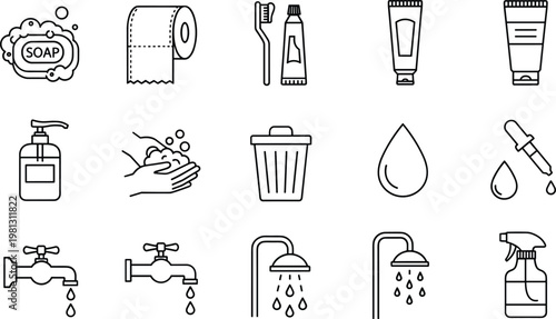 Hygiene and cleaning icons vector set with soap toothbrush sanitizer water tap and bathroom symbols outline illustration