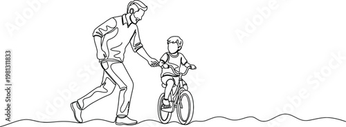 A man helping a child ride a bike in a simple line drawing style