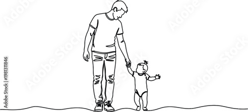A heartwarming line drawing of a man and a baby walking hand in hand together