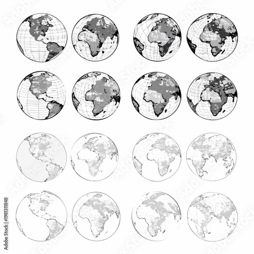 Collection of grayscale world globes displaying various continental views