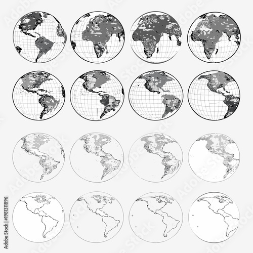 Multiple grayscale images of earth s continents within circular frames