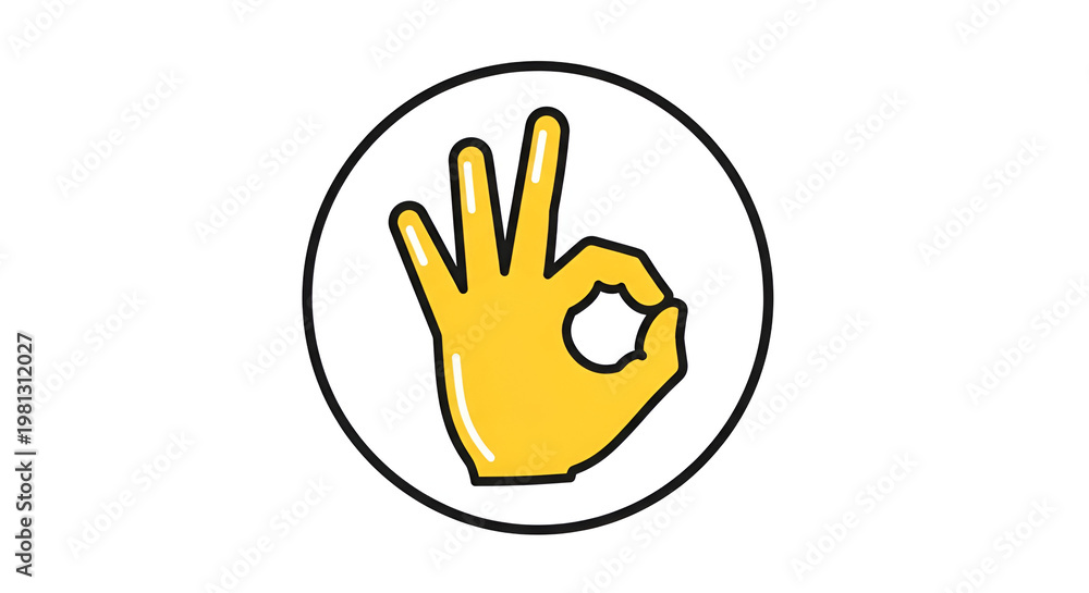 Fototapeta premium Cartoon hand gesturing ok sign with yellow skin tone and black outline on white circle against dark black background