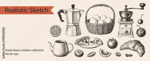 Hand-drawn collection of breakfast and food including coffee pot, moka pot, eggs in basket, coffee grinder, pizza, croissant, fruits, and vegetables