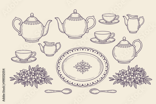 Hand-drawn vintage tea set with teapots, cups, saucers, creamers, plate, spoons, and floral arrangements in purple ink on a cream background