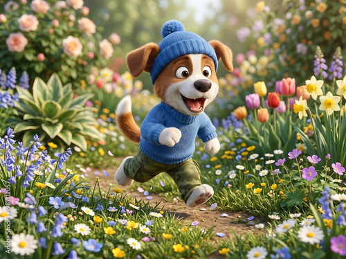 Cute puppy running through colorful spring flowers in garden