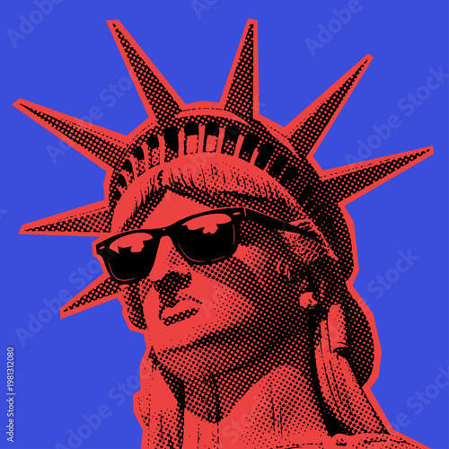 Statue of Liberty Wearing Cool Sunglasses in Retro Halftone Pop Art Style