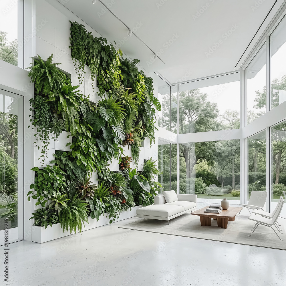 Fototapeta premium A bright, ultra-modern living room interior featuring a spectacular vertical garden covering an entire wall, with double-height glass windows overlooking a lush outdoor forest, minimalist white furnit