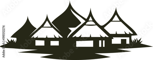 A black silhouette of a village with thatched roof huts