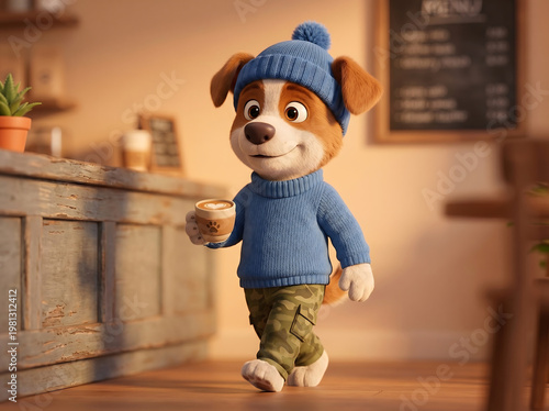 Cute puppy holding coffee walking in cozy cafe interior