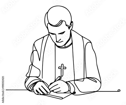Catholic priest writing on desk one line drawing continuous line art religious cleric with cross minimalist vector