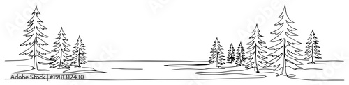 Pine forest landscape one line drawing continuous line art of conifer trees minimalist nature scene vector illustration