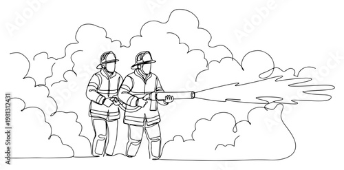 Firefighters with hose spraying water one line drawing continuous line art of professional fireman team in smoke minimalist vector