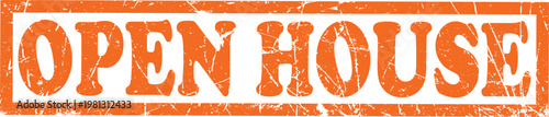 Orange open house rubber stamp impression with distressed grunge texture and border