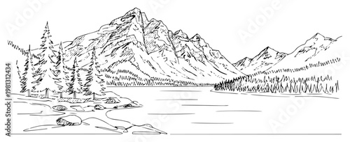 Mountain lake landscape sketch hand drawn line art with pine forest and alpine peaks minimalist nature vector
