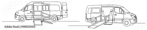 Accessible van with wheelchair ramp one line drawing continuous line art disability transport vehicle minimalist vector illustration