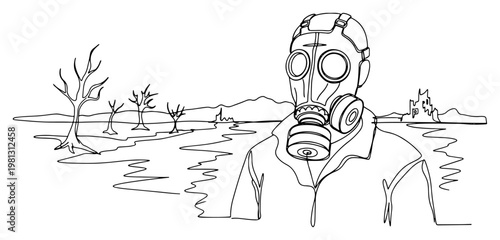 Man in gas mask in desolate landscape one line drawing continuous line art post-apocalyptic environmental disaster concept vector