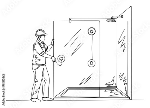 Technician installing glass shower door one line drawing continuous line art construction worker bathroom renovation minimalist vector