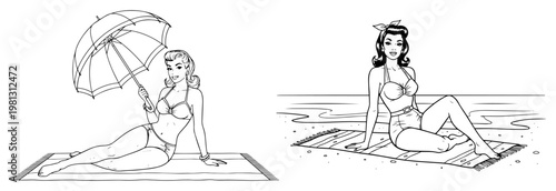 Vintage pin up girls on beach summer vacation retro line art illustration of women in swimwear with umbrella minimalist vector