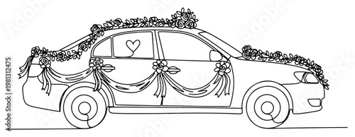Wedding car decorated with flowers and ribbons one line drawing continuous line art marriage ceremony vehicle minimalist vector