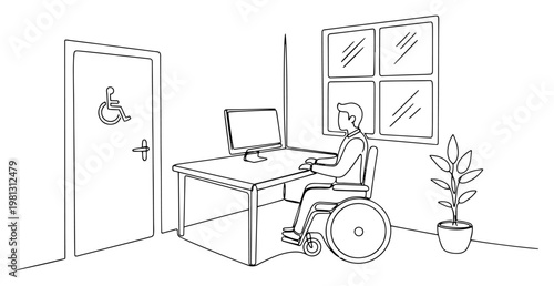 Man in wheelchair working in accessible office one line drawing continuous line art disability inclusion and equal opportunity concept vector
