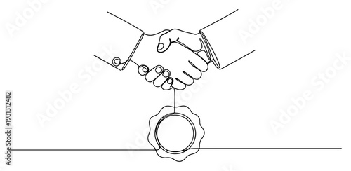 Business handshake with wax seal award one line drawing continuous line art partnership agreement and success concept minimalist vector